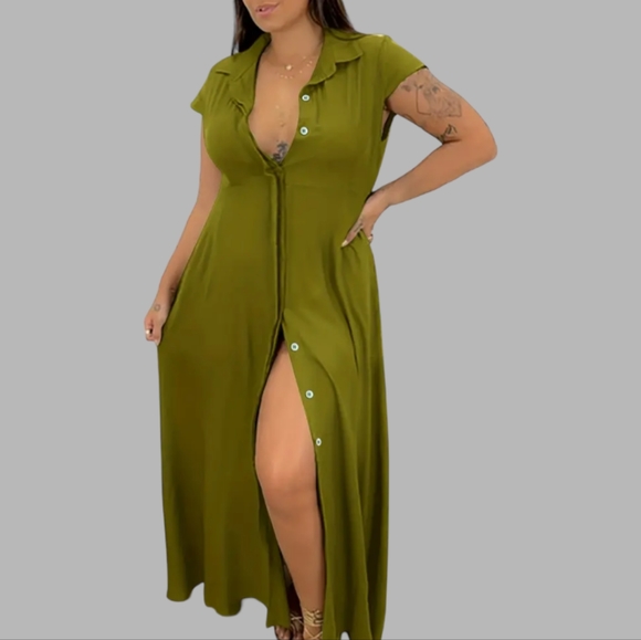 🆕Chic Army Green Collar Shirt Dress - Picture 5 of 5